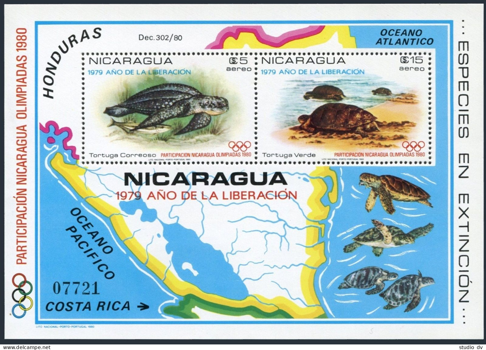 Nicaragua C970C Mi Bl.114, MNH. Turtles. Olympics Lake Placid-1980, Moskow-1980. - Nicaragua