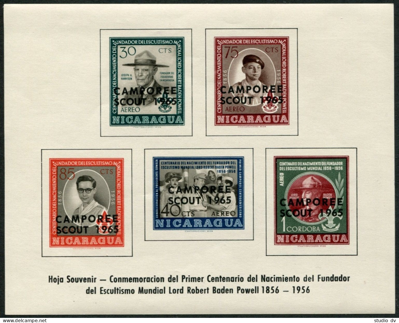 Nicaragua C386a Note, MNH. Mi 1407-1411 Bl.63. Scouting, 1965. Lord Baden-Powell - Nicaragua