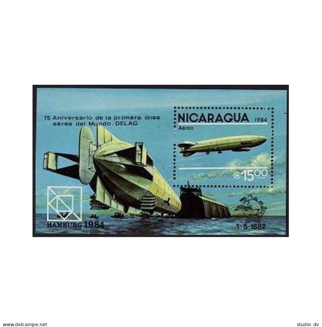 Nicaragua C1045, MNH. Michel 2520 Bl.158. HAMBURG-1984: Dirigible. UPU Emblem. - Nicaragua