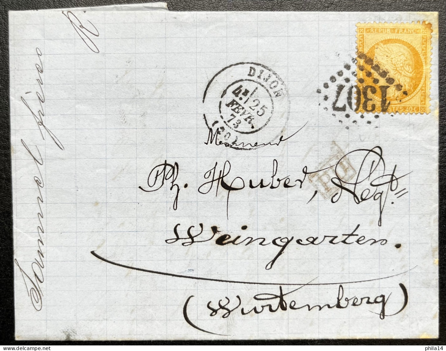 N°38 40c ORANGE CERES SUR LETTRE / DIJON POUR WEINGARTEN WURTENBERG / 25 FEV 1873 / LAC - 1849-1876: Classic Period