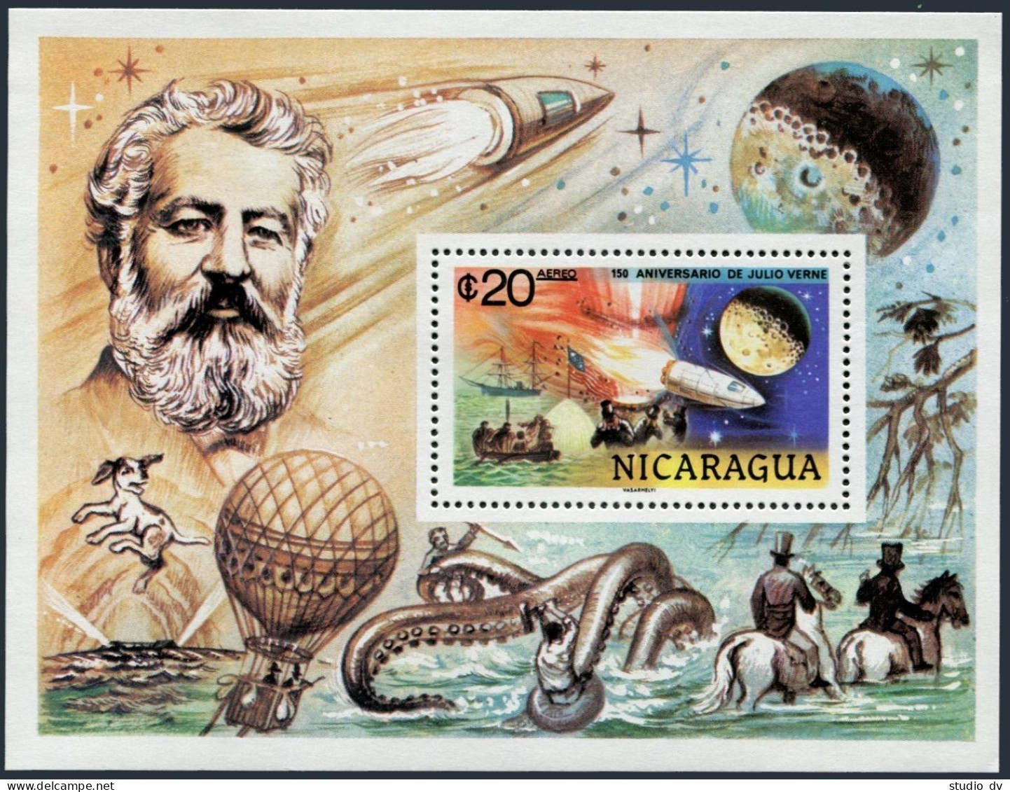 Nicaragua C944, MNH. Mi 2043 Bl.106. Jules Verne, 1978. From The Earth To Moon. - Nicaragua