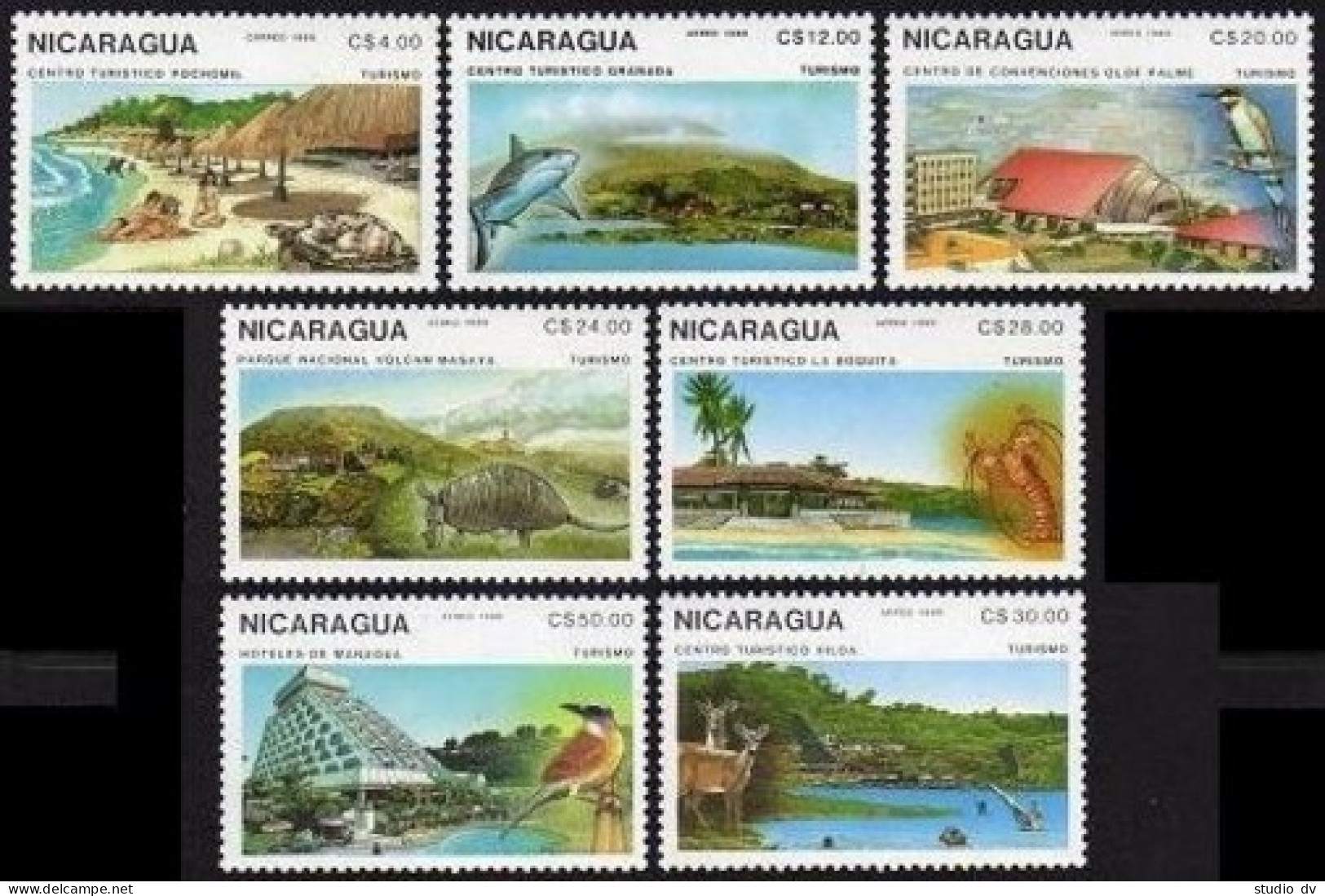 Nicaragua 1757-1764, MNH. Michel 2926-2932, Bl.182. Tourism 1989. Views, Fauna. - Nicaragua