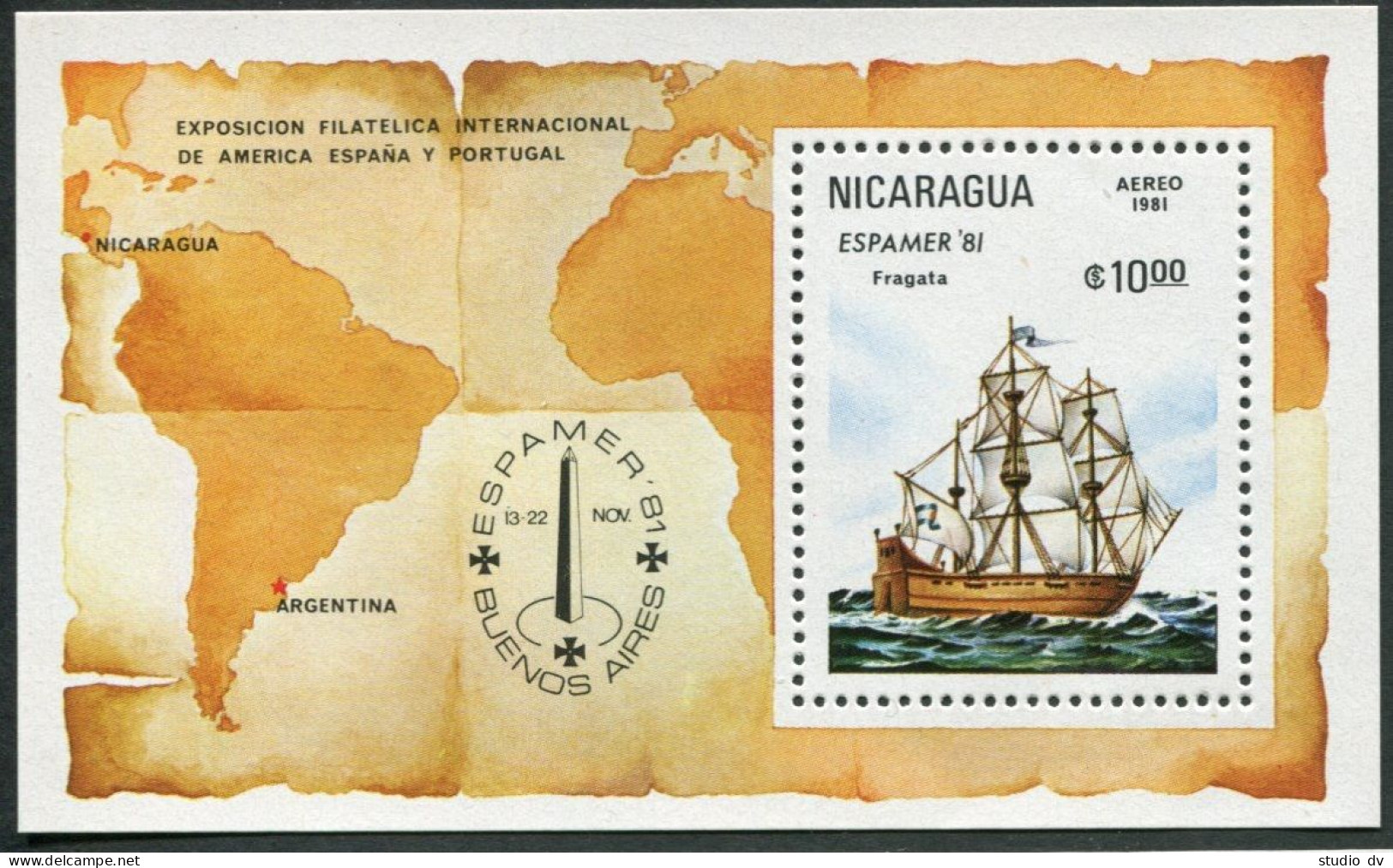 Nicaragua C985, MNH. Michel 2215 Bl.140. ESPAMER-1981. Frigate, Map. - Nicaragua