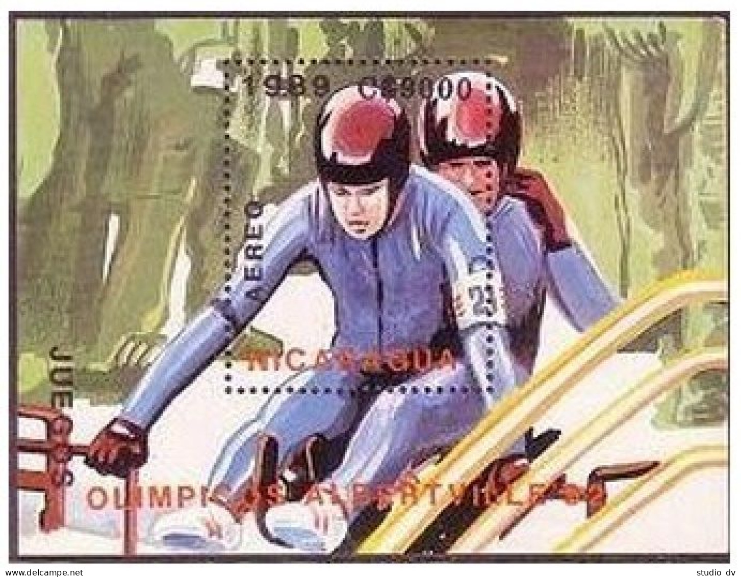 Nicaragua C1187, MNH. Mi 2958 Bl.185. Olympics Albertville-1992. Two-man Luge. - Nicaragua