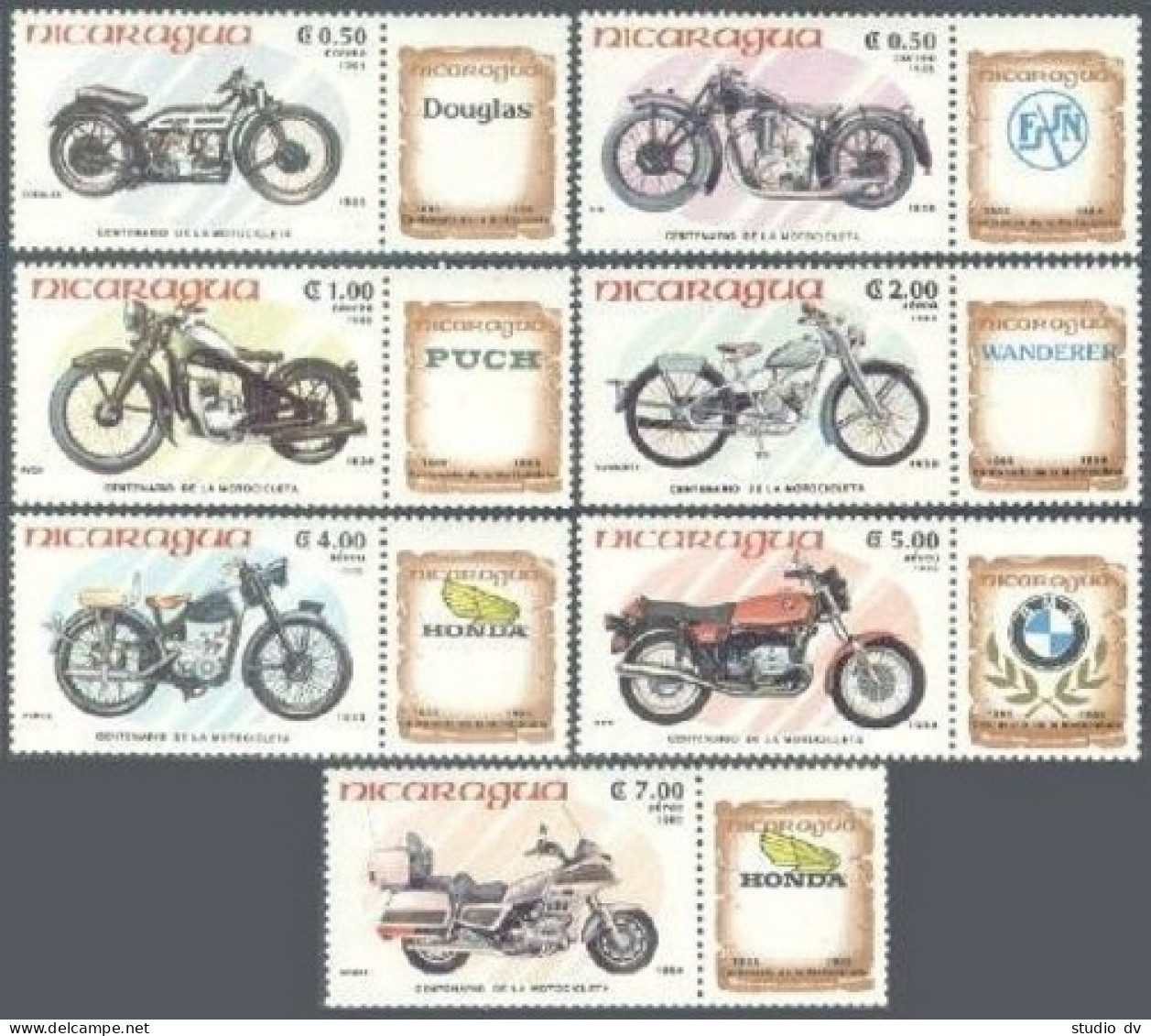 Nicaragua 1419-1425-label, MNH. Michel 2508-2514. Motorcycle Centenary, 1985. - Nicaragua