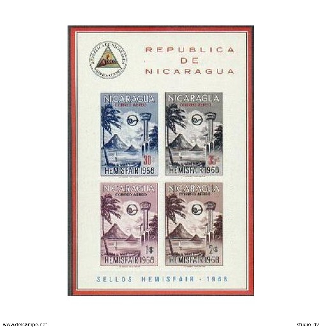 Nicaragua C685a Imperf, MNH. Michel Bl.70B. HEMISFAIR 1968, View, Tower, Arms. - Nicaragua