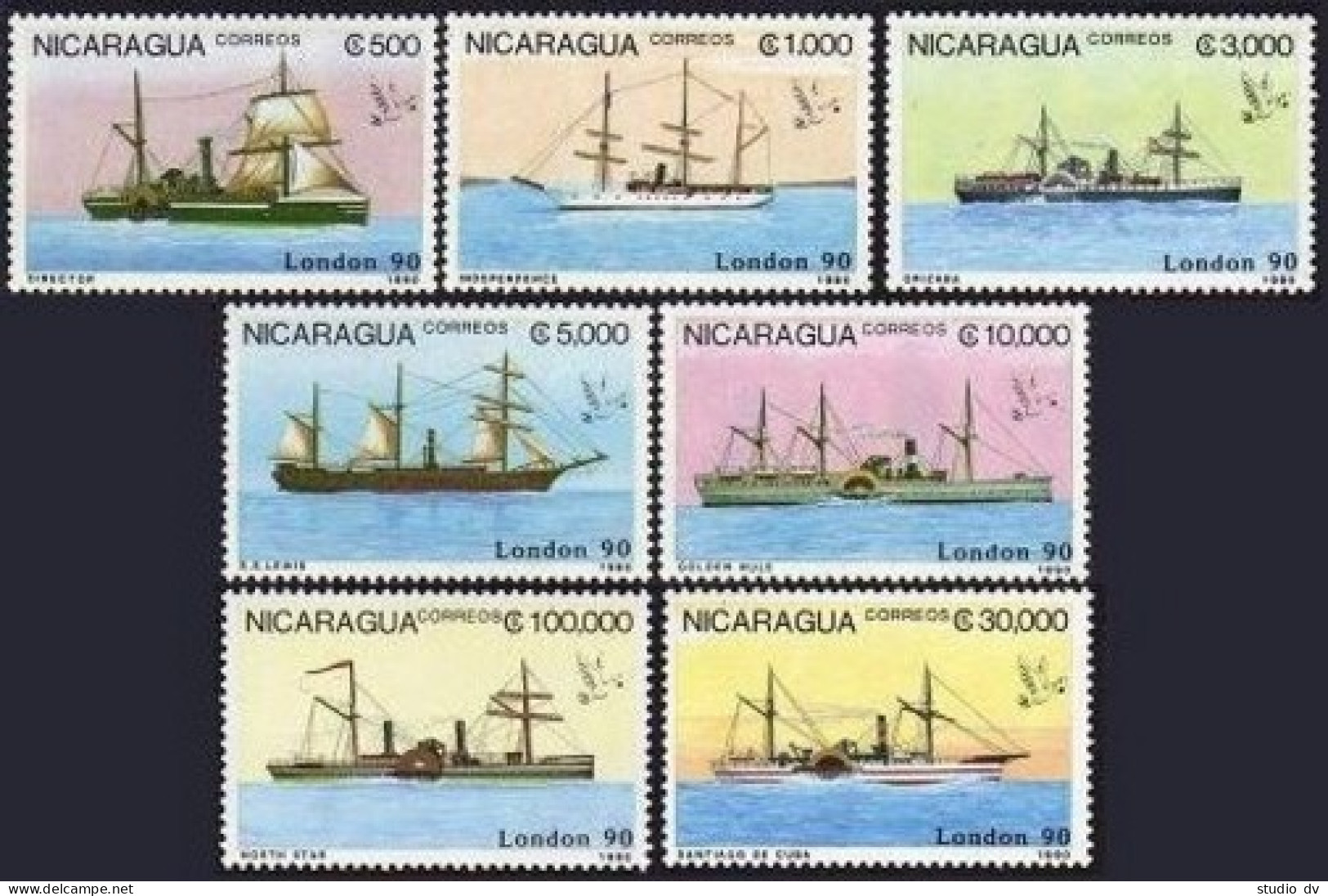 Nicaragua 1781-1787, 1788, MNH. Michel 2977-2983, Bl189. LONDON-1990, Ships. - Nicaragua