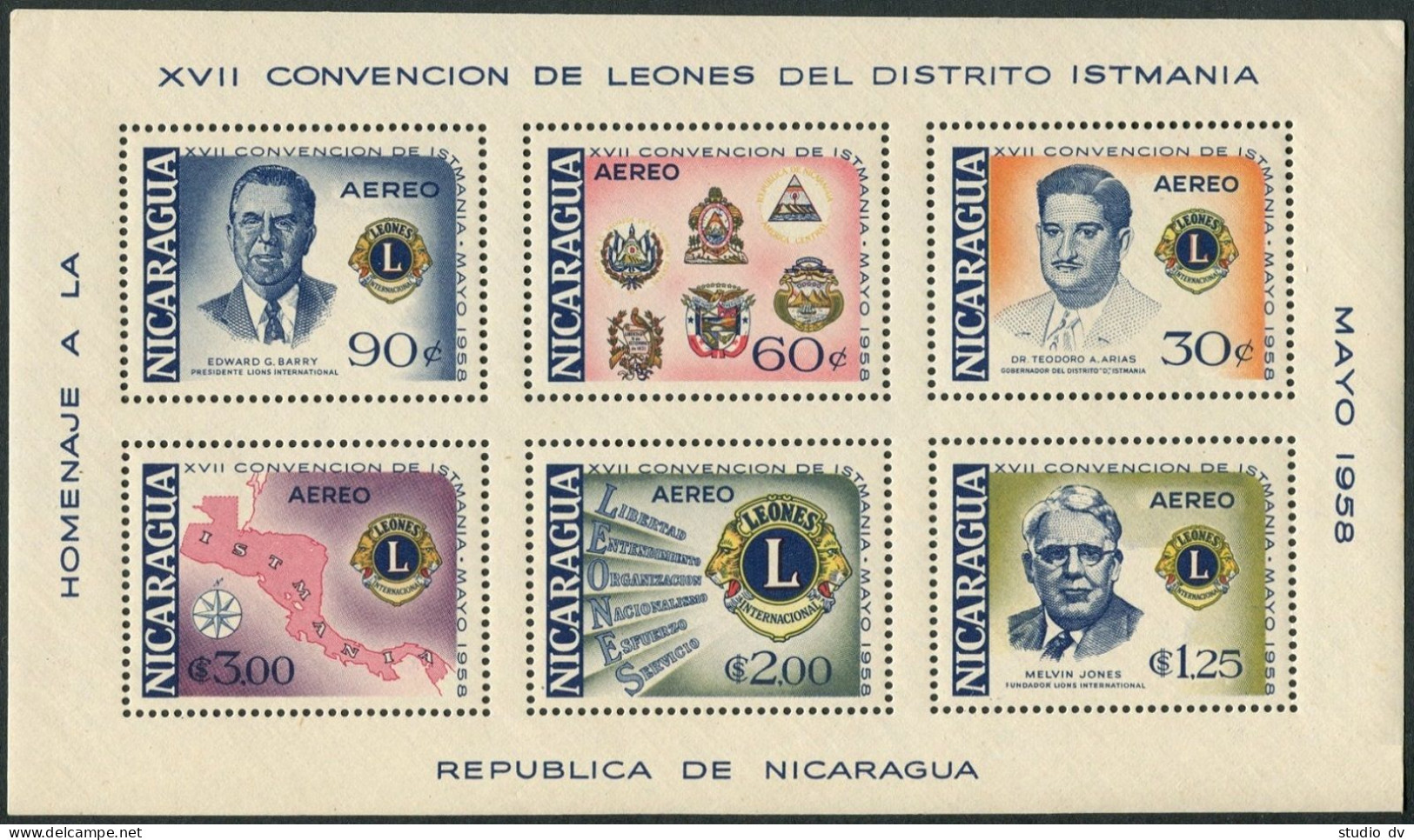 Nicaragua 805a, C415a, MNH. Mi Bl.46-47. Lions Intl. 1958. Founders, Arms, Map. - Nicaragua