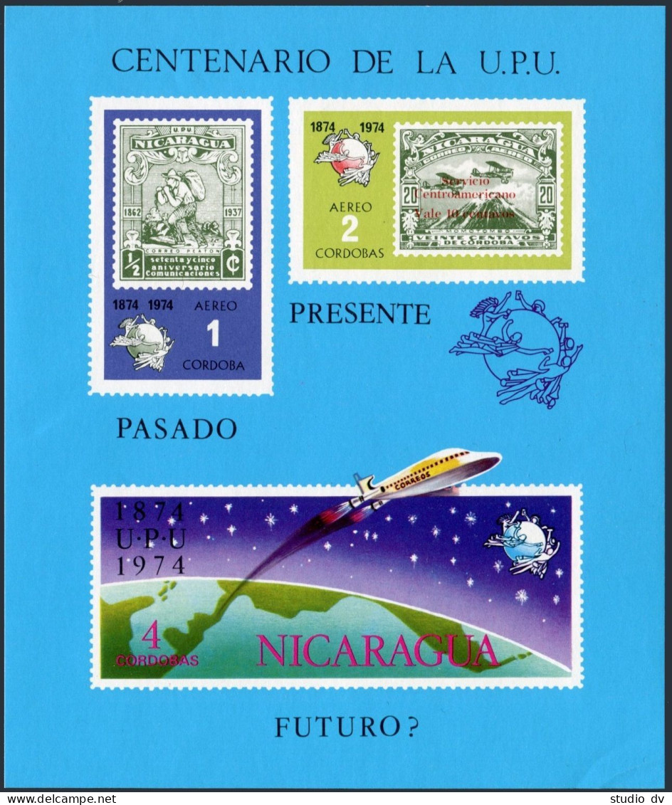 Nicaragua 939-944,C855A-C,C855D Sheet, MNH. UPU-100,1974. Mail Coach,Ship,Space. - Nicaragua