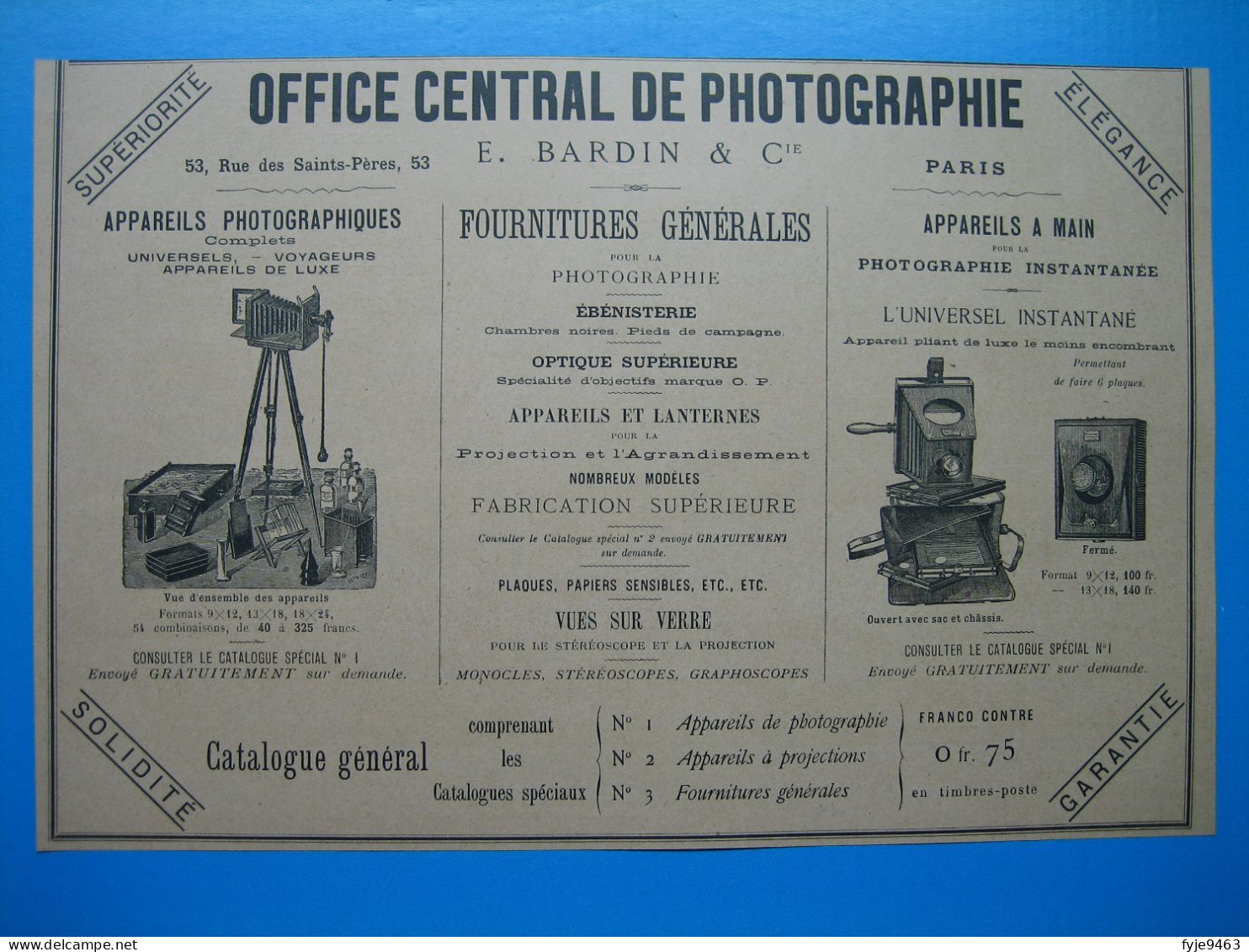 (1892) OFFICE CENTRAL DE PHOTOGRAPHIE (E. Bardin & Cie) - Rue Des Saints-Pères à Paris - - Publicités