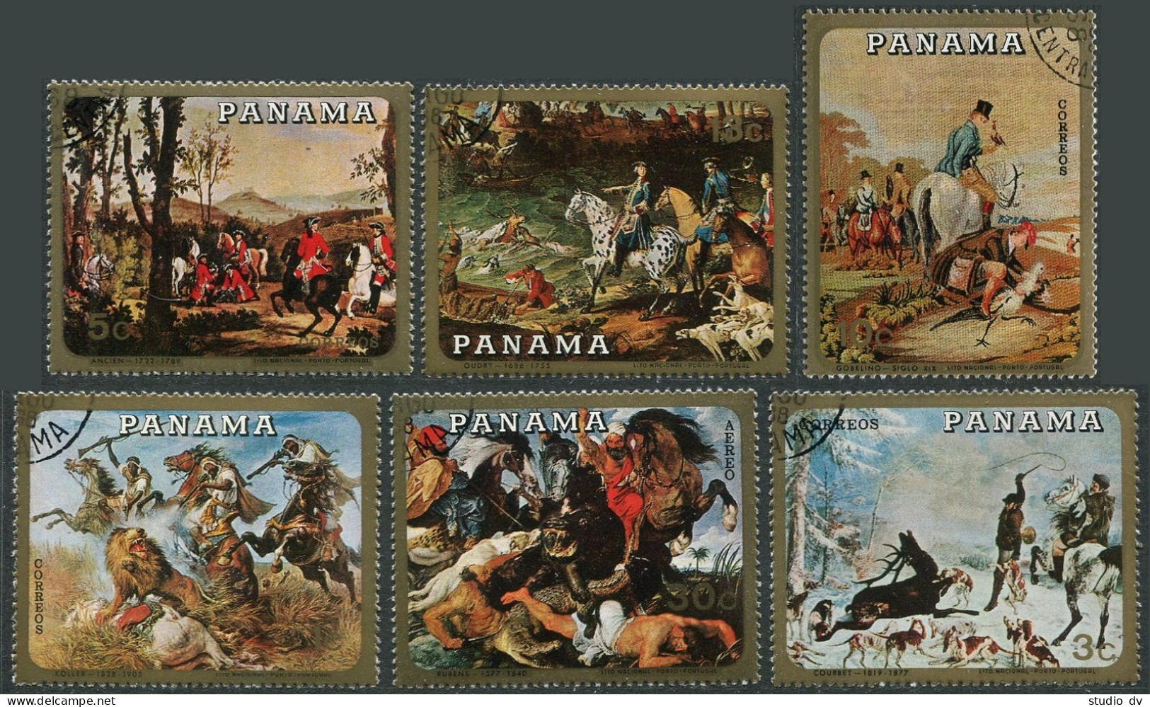 Panama 493-493E, CTO. Mi 1110-15. Hunting On Horseback Paintings,tapestries,1968 - Panama