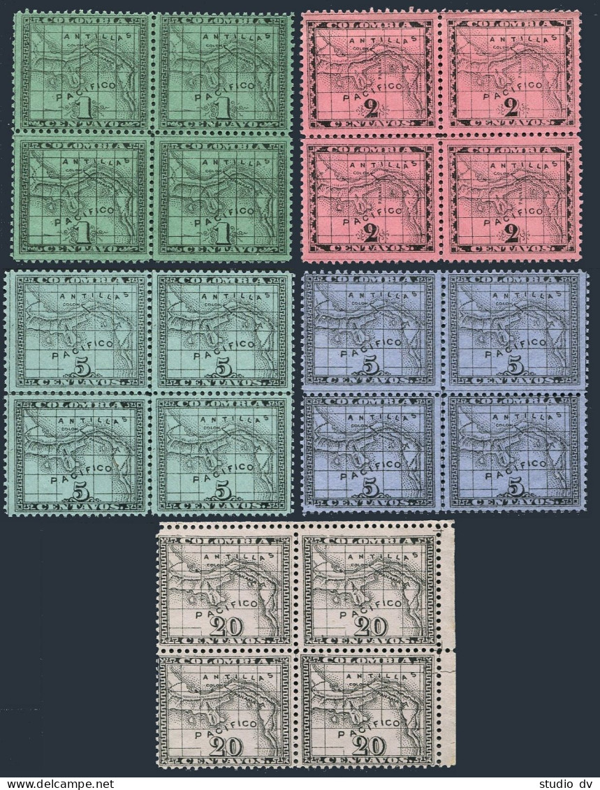 Panama 8/12 5 Stamps Blocks/4,mint No Gum. Map Of Panama 1887. - Panama