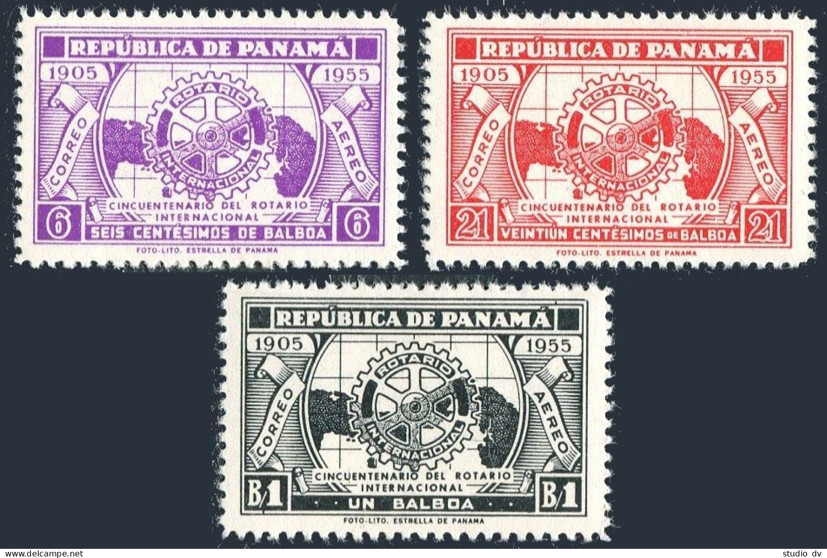 Panama C150-C152A,hinged. Mi 442-444 A,b. Rotary International,50th Ann.1955.Map - Panama