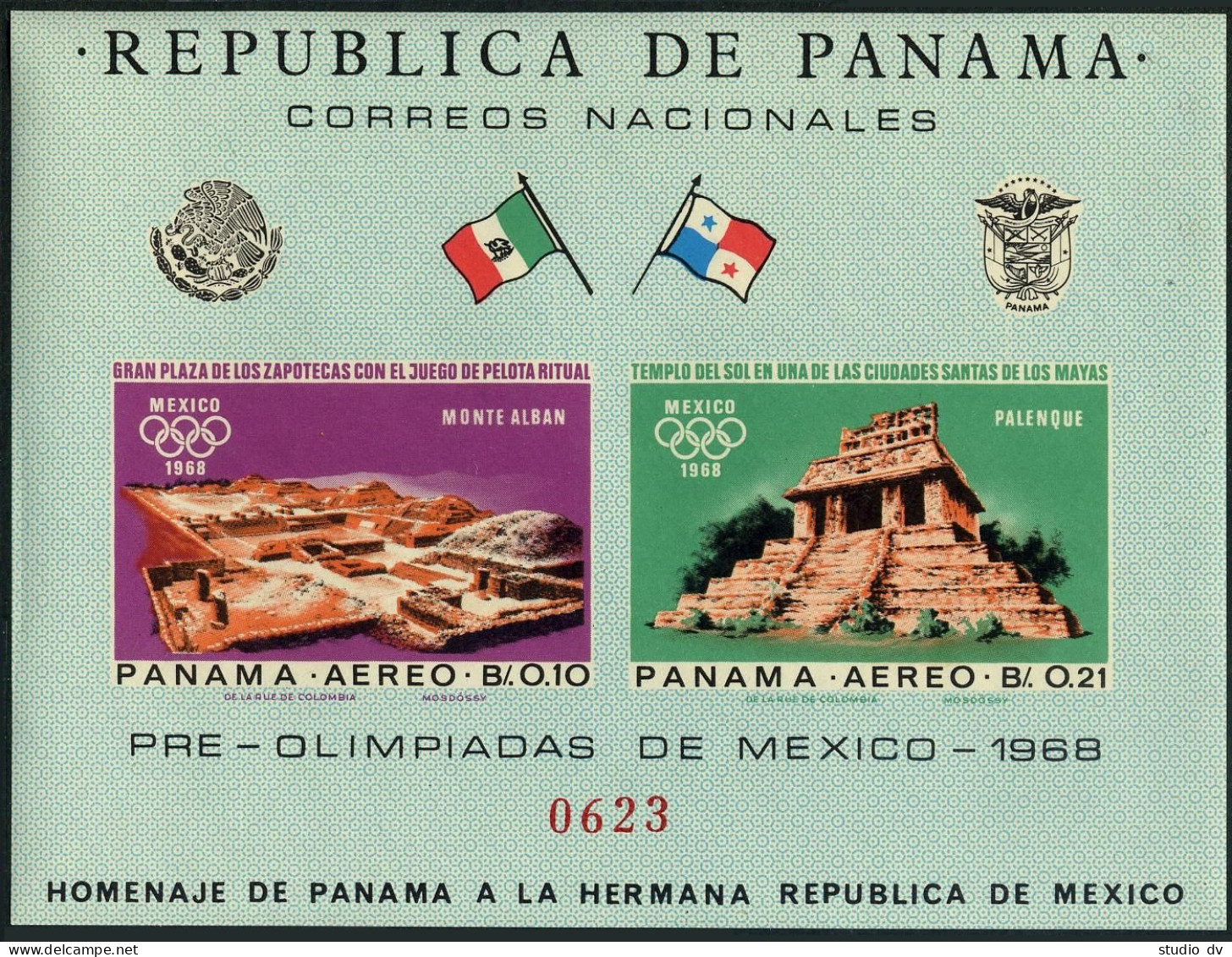 Panama 477-477E Imp Bl/4,477F Var Imp,MNH. Olympics Mexico-1968.Indian Ruins. - Panama