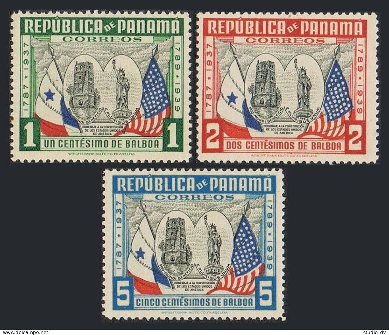 Panama 317-318,MNH.Michel 254-256.US Constitution,150th Ann.1938.Cathedral,Flags - Panama