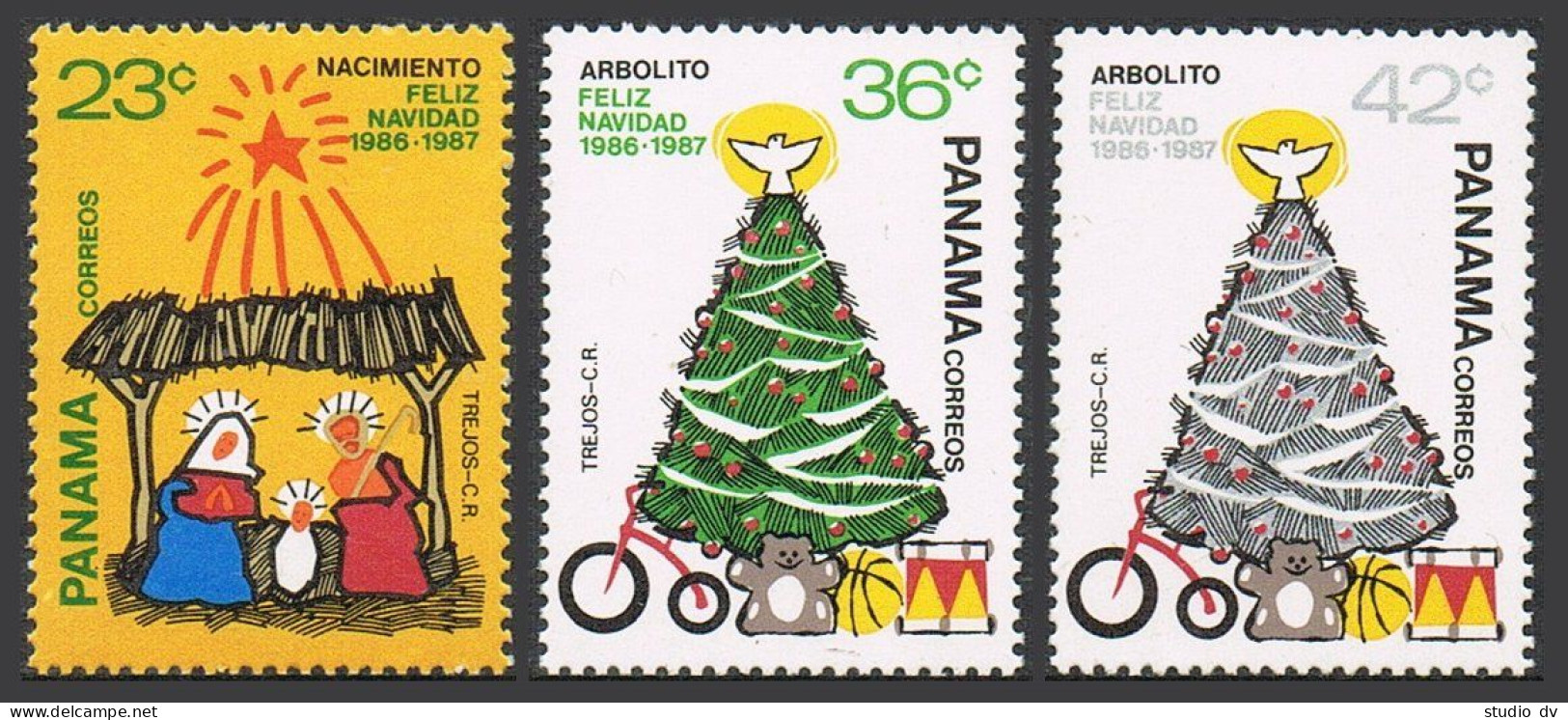Panama 701-703, MNH. Mi 1630-1632. Christmas 1986. Nativity, Green,silver Trees. - Panamá