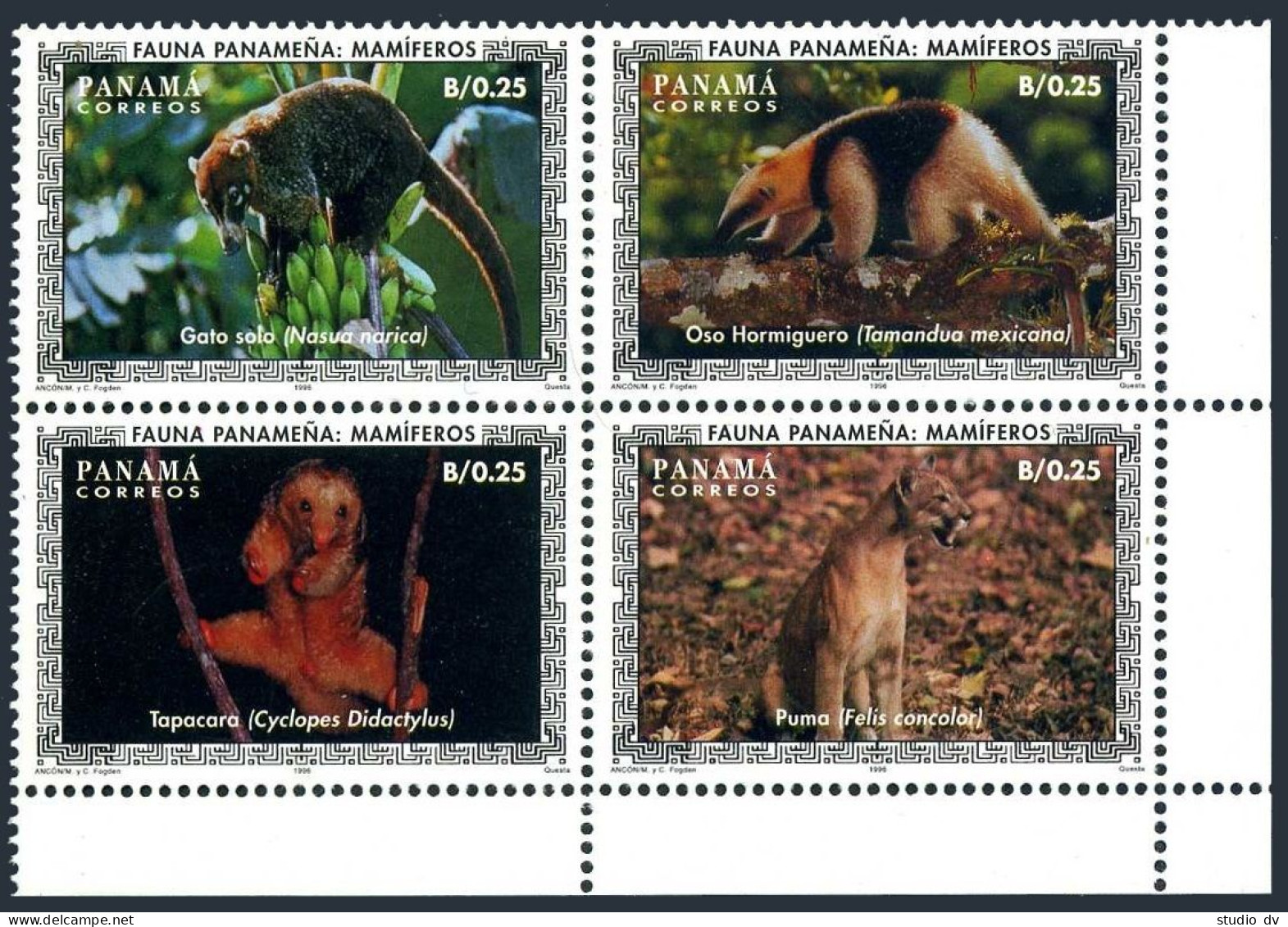 Panama 825 Ad Block, MNH. Michel 1768-1770. Mammals 1996. Nasua Narica, Tamandua - Panama