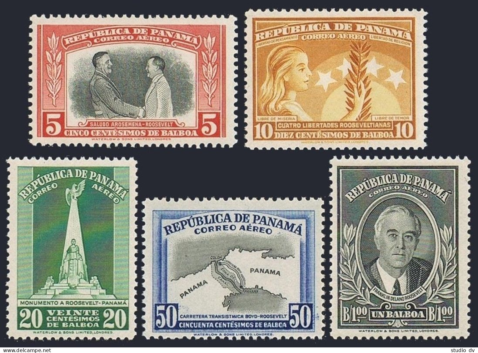 Panama C100-C104, MNH. Mi 366-370. Franklin Delano Roosevelt, 1948. Map,Highway. - Panama