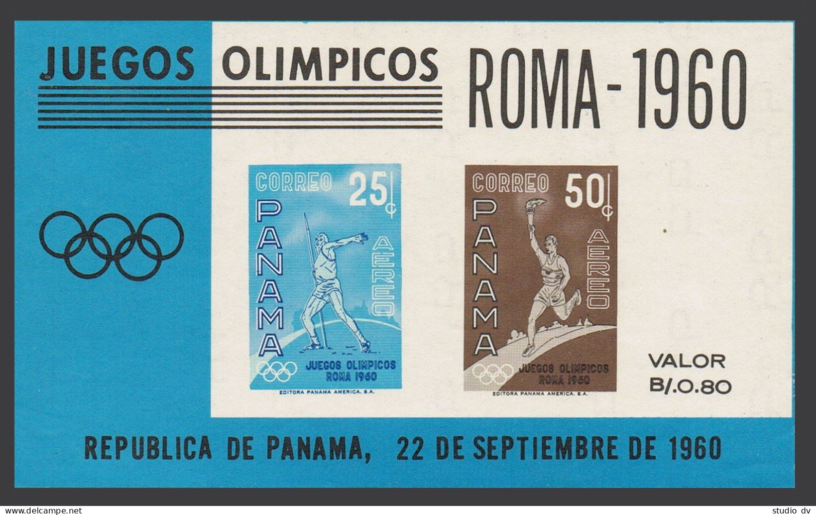 Panama C237a Sheet, MNH. Michel Bl. Olympics Rome-1960. Javelin Thrower, Torch. - Panama