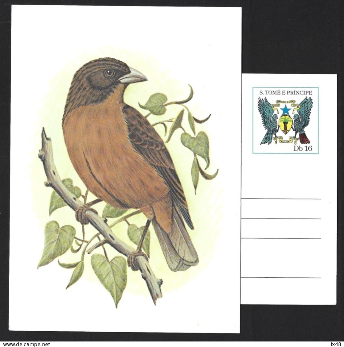 Entire Postcard With Bird Serinus Rufobrunneus (Prince) From S. Tomé. Coat Of Arms With Parrot And Falcon. Papegaai Valk - Colibríes