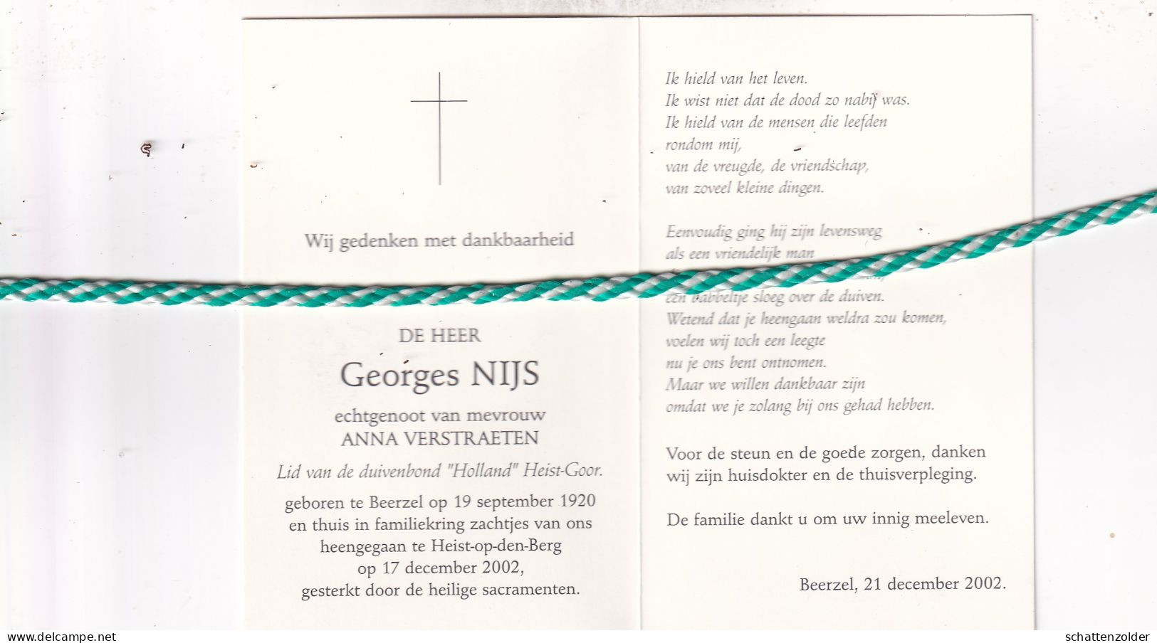 Georges Nijs-Verstraeten, Beerzel 1920, Heist-op-den-Berg 2002. Foto - Todesanzeige