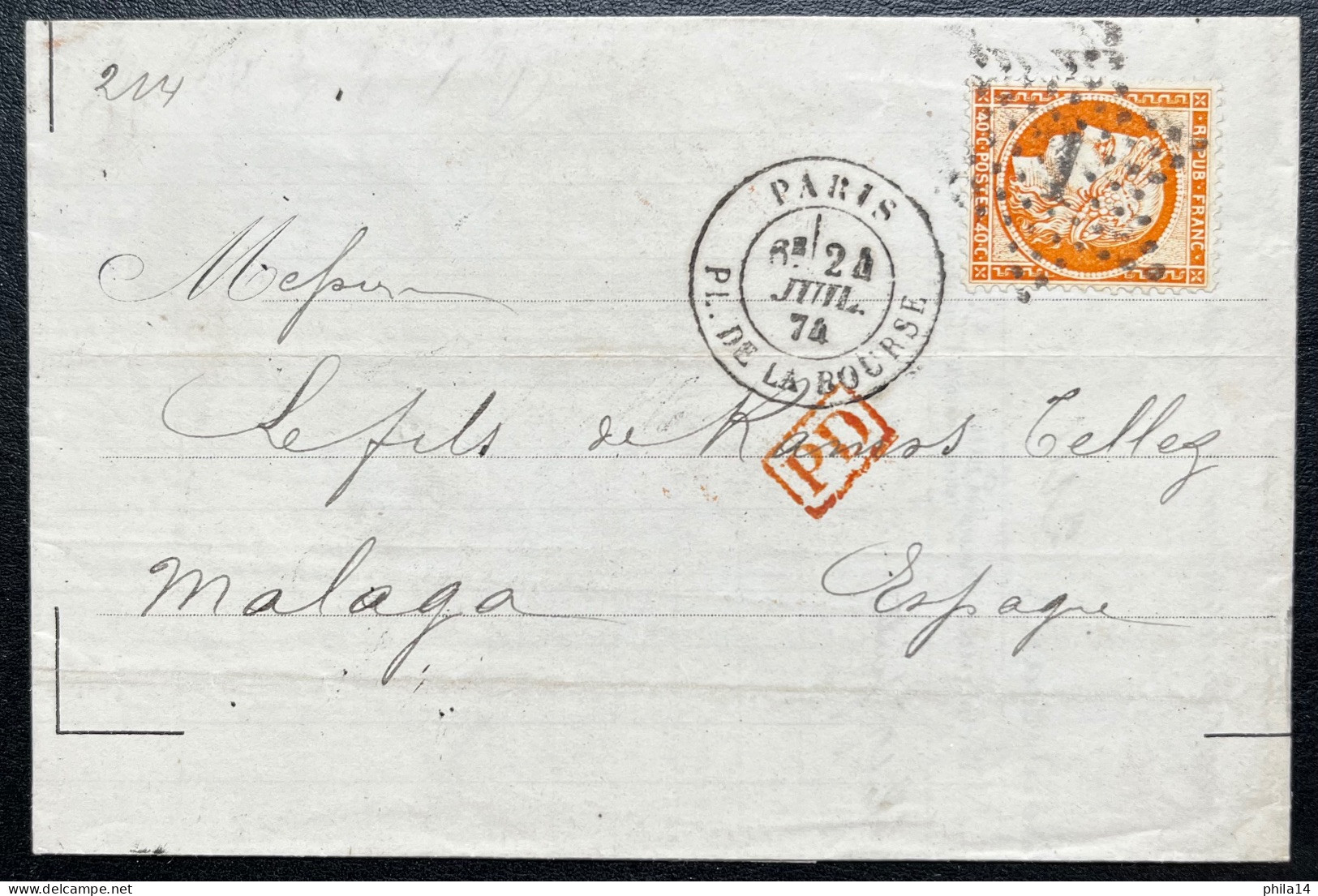 N°38 40c ORANGE CERES SUR LETTRE / ETOILE 1 PARIS POUR MALAGA ESPAGNE / 24 JUIL 1874 / LAC - 1849-1876: Classic Period