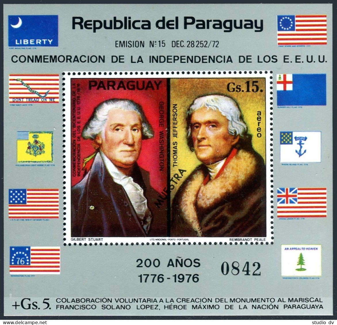 Paraguay 1625A Muestra,MNH.Mi Bl.260. USA-200,1975. Washington, Jefferson, Flags - Paraguay