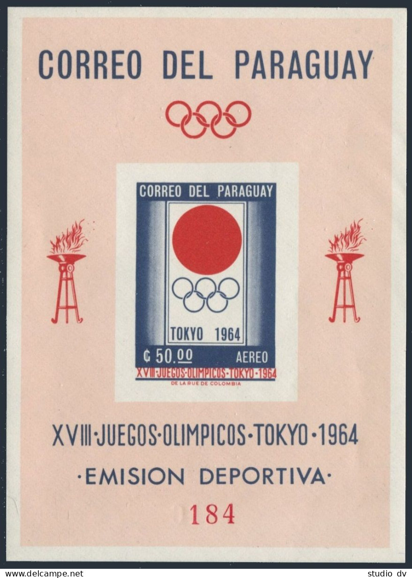 Paraguay 798a Imperf, MNH. Michel Bl.51. Olympics Tokyo-1964. Emblem. - Paraguay