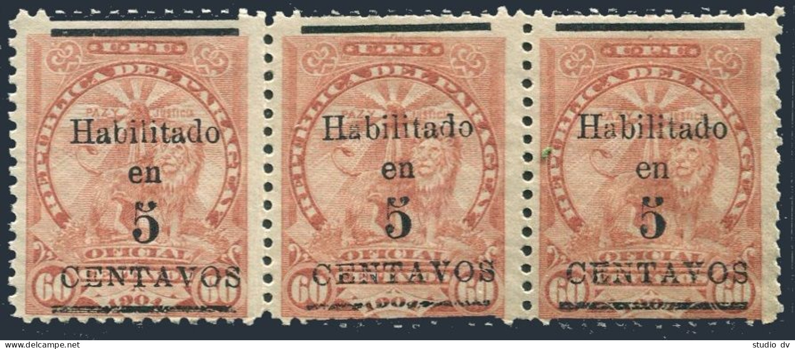 Paraguay 138 Strip/3,mint No Gum.Mi 142. Sentinel Lion At Rest, Surcharged,1908. - Paraguay