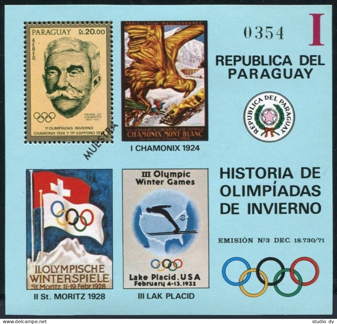 Paraguay C340-C343 Specimen,MNH.Mi Bl.182-185. History Of Olympic Games,1972. - Paraguay
