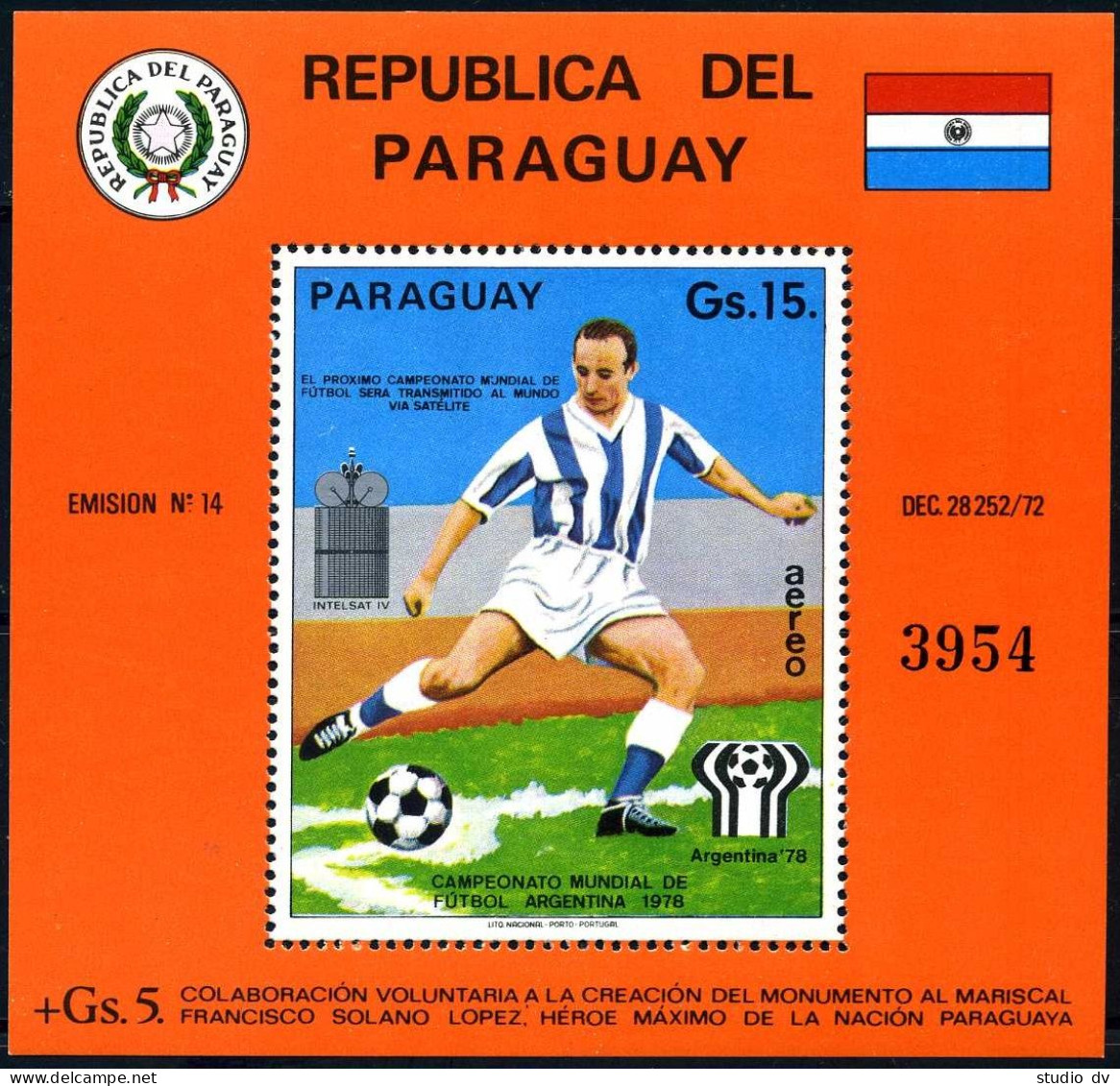 Paraguay C419,MNH.Michel 2718 Bl.257. World Soccer Cup Argentina-1978.Intelsat IV. - Paraguay