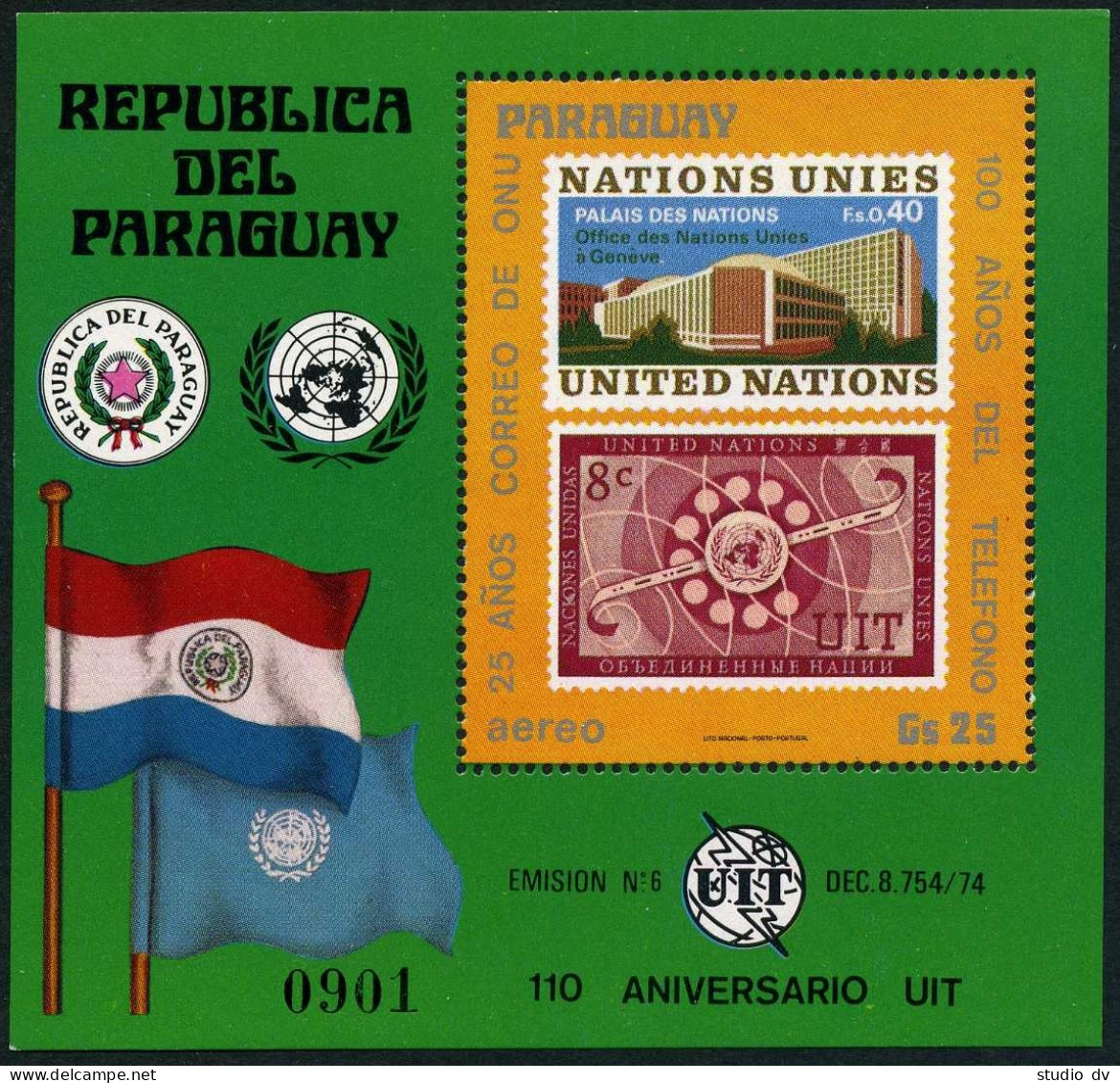 Paraguay C447 Sheet,MNH.Mi 2882 Bl.291. UN Postal Administration,25,ITU-110,1976 - Paraguay