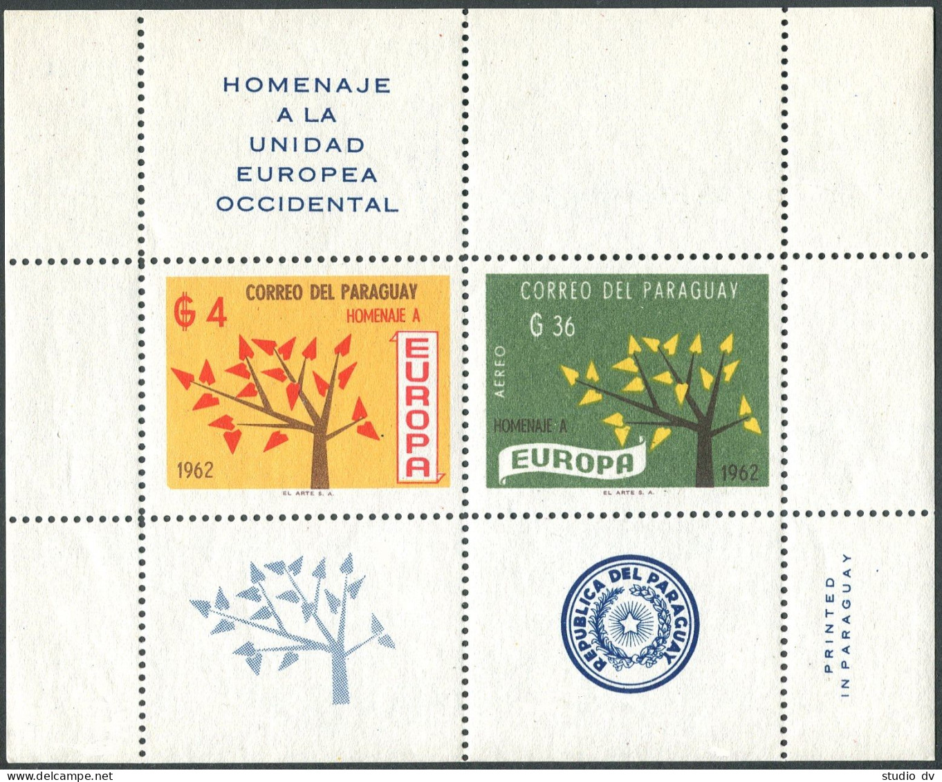 Paraguay 727a Sheet, MNH. Michel Bl.30. EUROPE CEPT-1962. Young Tree-19 Leaves - Paraguay