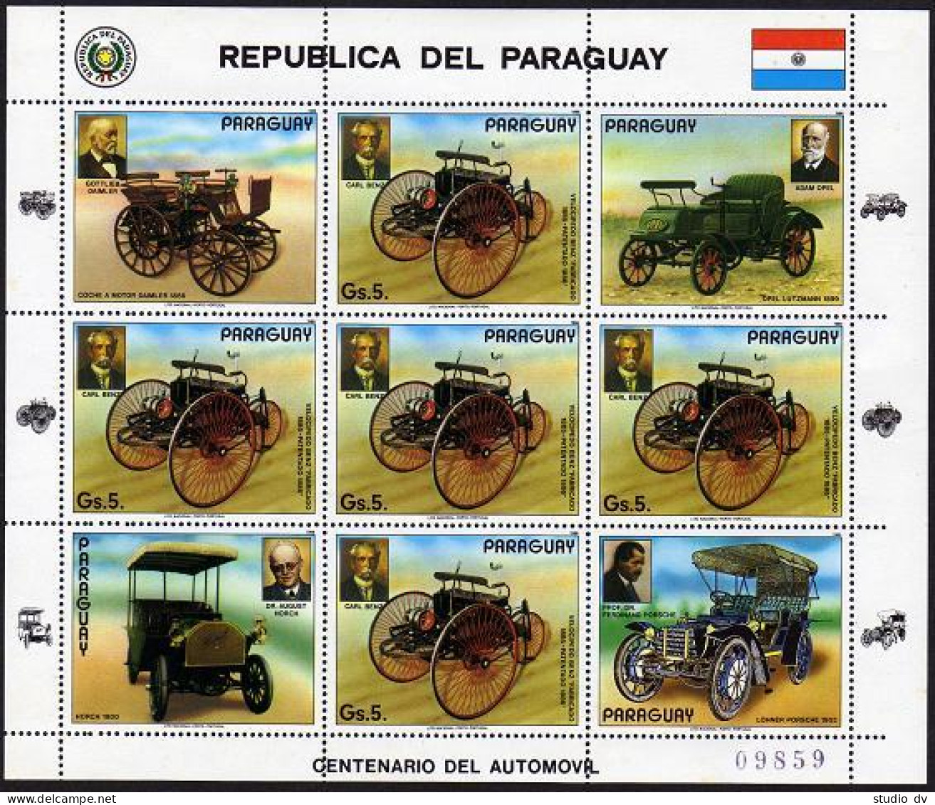 Paraguay 2169 Sheet, MNH. Mi 3971 Klb. Automobile, 100,1986.Carl Benz Velocipede - Paraguay