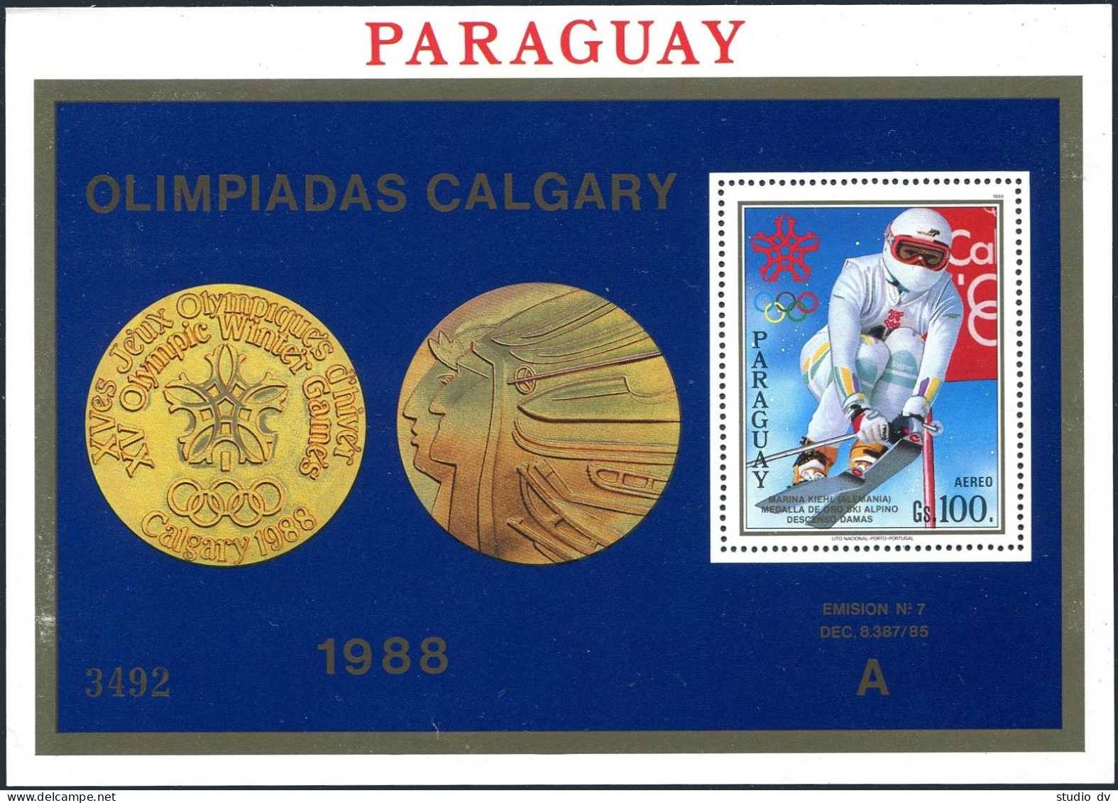 Paraguay C749,MNH. Mi 4267 Bl.453. Olympics Calgary-1988. Marina Kiehl,downhill. - Paraguay