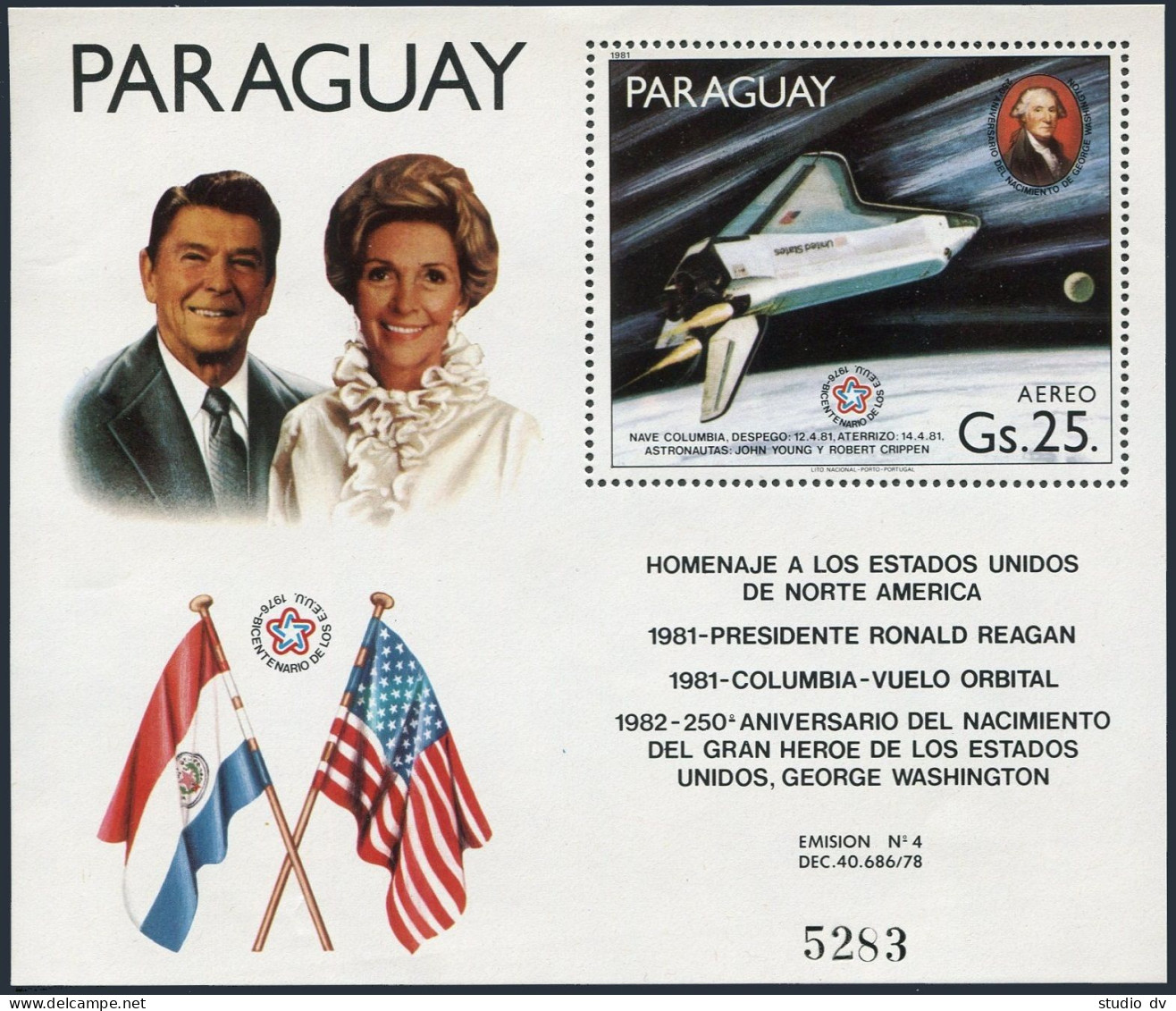 Paraguay C492,MNH.Mi Bl.367.Columbia Inverted Above Earth,Reagan,Washington,1981 - Paraguay