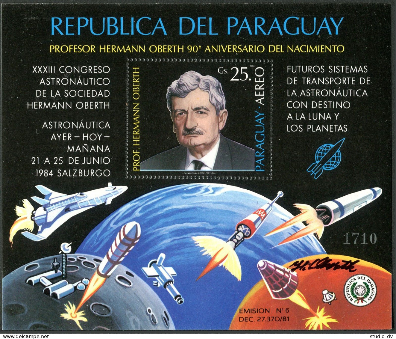 Paraguay C575 Sheet, MNH. Mi Bl.376. Herman Oberth, 90th Birthday.Space Research - Paraguay