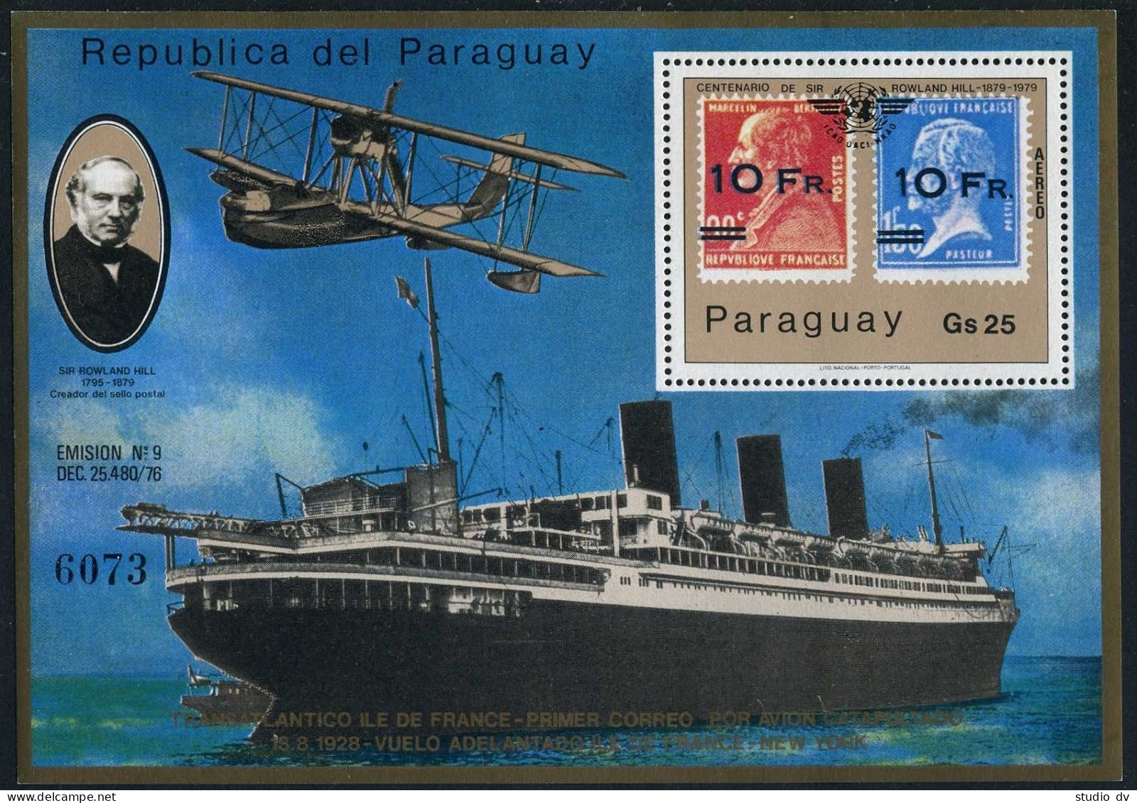 Paraguay 1892A Sheet, MNH. Mi 3217 Bl.342. Rowland Hill, 1979. Ship, Airplane. - Paraguay