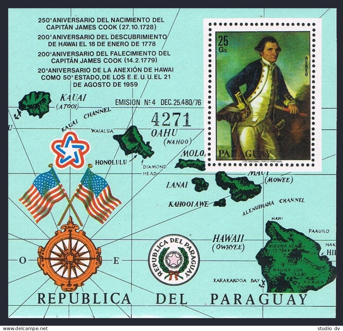 Paraguay C464, MNH. Mi 3102 Bl.328. Captain James Cook, 250. Hawaii, Map. 1978. - Paraguay