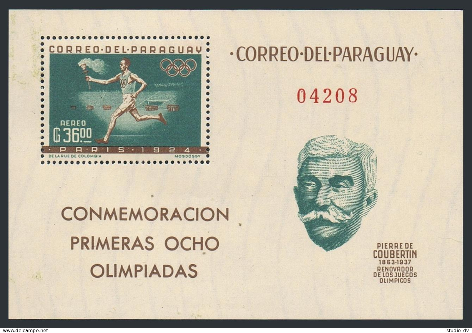 Paraguay 743a, MNH. Michel Bl.34. Olympics Paris-1924. Pierre De Coubertin.1963. - Paraguay