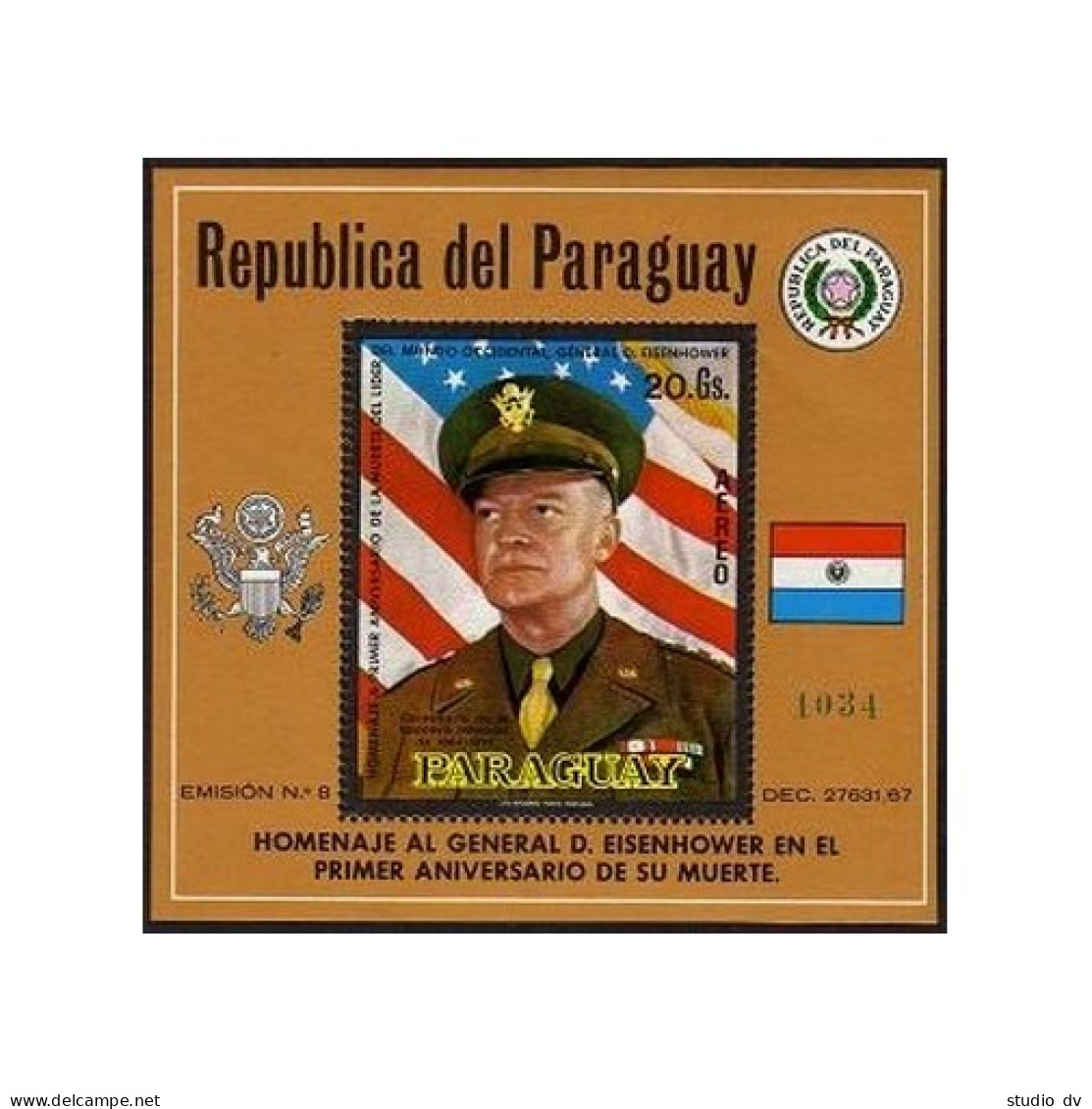 Paraguay C326,MNH.Michel 2115 Bl.154. Dwight D.Eisenhower,Flag,Arms-eagle. - Paraguay