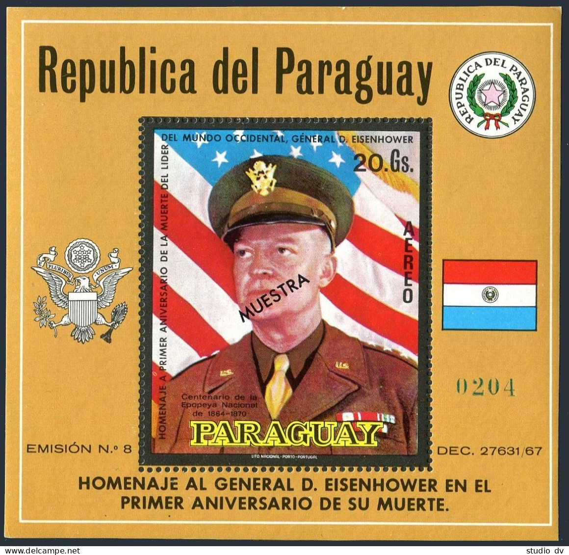 Paraguay C326 SPECIMEN,MNH.Michel 2115 Bl.154.Dwight D.Eisenhower,1970.Flag,Arms - Paraguay