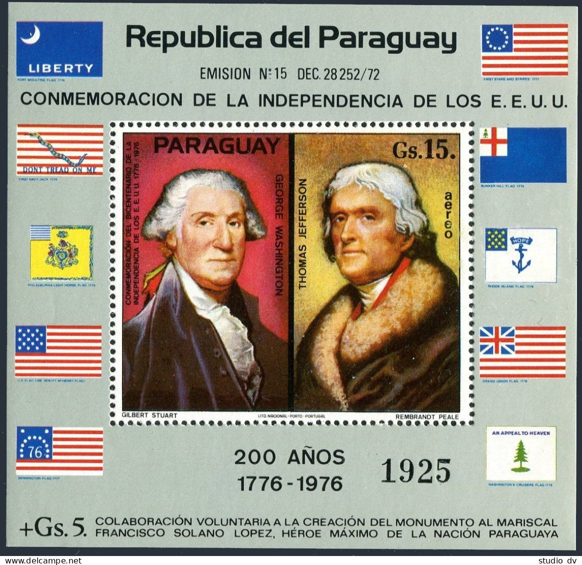 Paraguay 1625A,MNH.Mi Bl.260. USA-200, 1976. Washington, Jefferson, Flags. 1975. - Paraguay