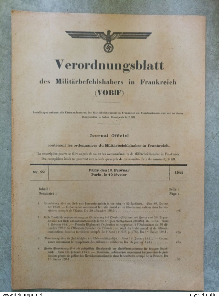 39/45 Verordnungsblatt Des Militärsbefehlshaber In Frankreich. Journal Officiel. 10 Février 1941 - Documents