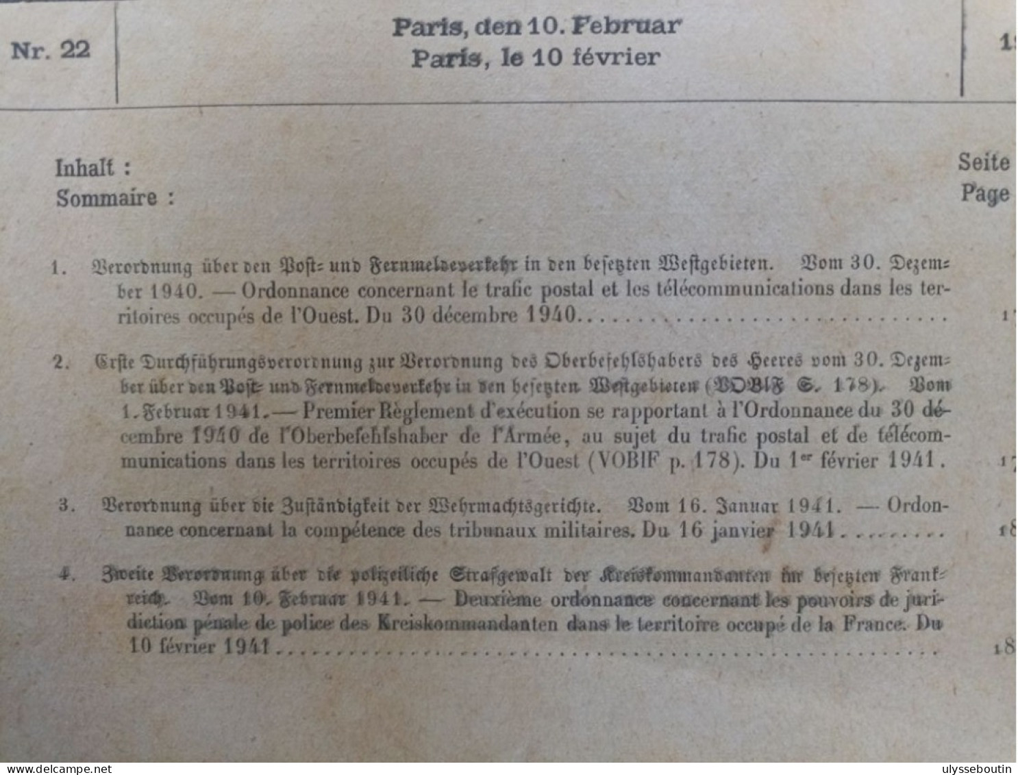 39/45 Verordnungsblatt Des Militärsbefehlshaber In Frankreich. Journal Officiel. 10 Février 1941 - Documentos