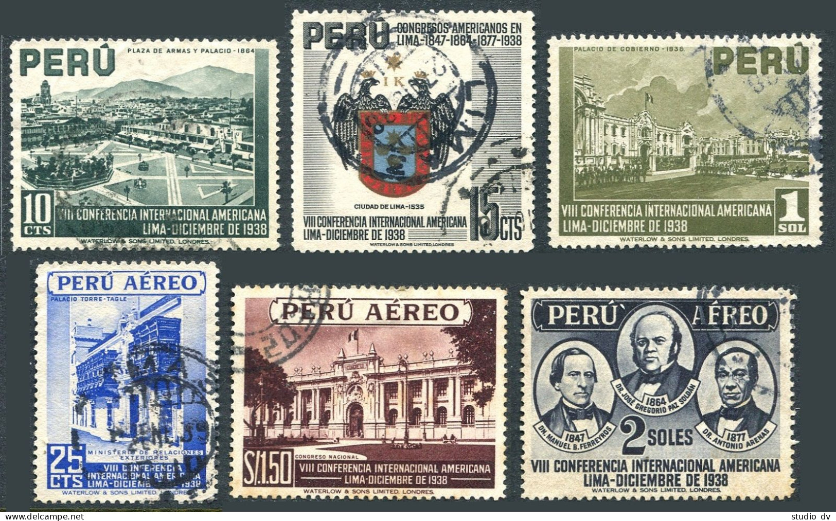 Peru 385-387, C62-C64, Used. Pan-American Conference, 1938. Palace Square, Arms, - Perù