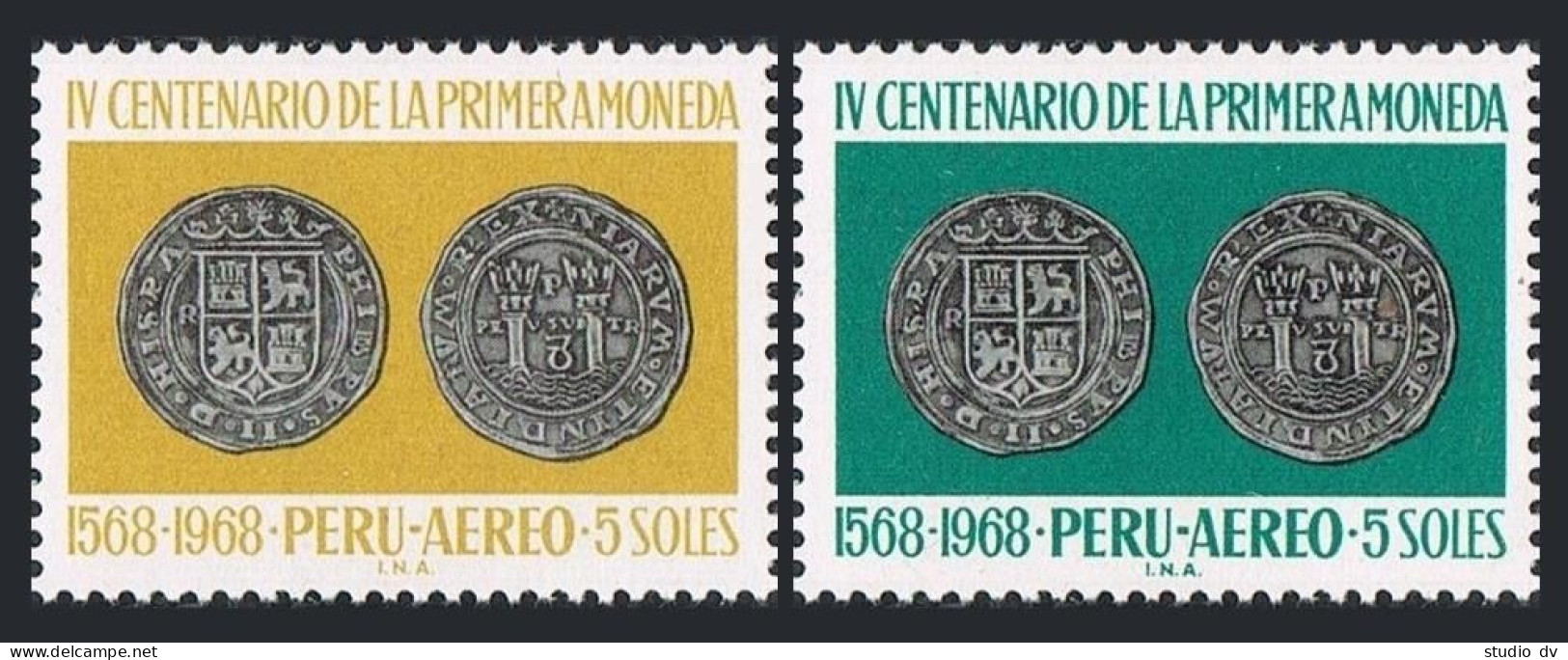 Peru C234-C235, Hinged. Michel 714-715. 1st Peruvian Coinage, 400th Ann. 1969.  - Pérou