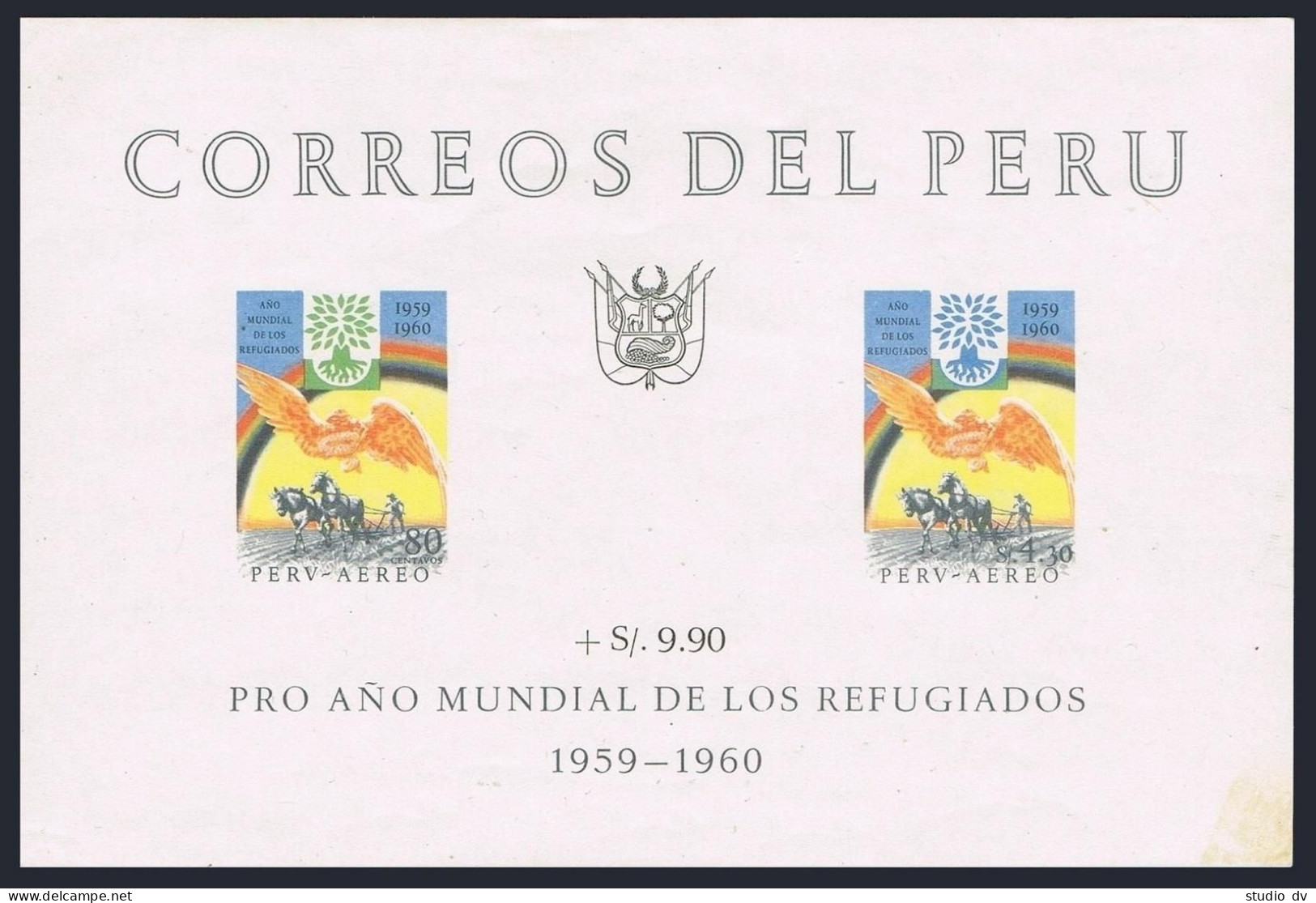 Peru C164a,hinged. Mi Bl.3. World Refugee Year WRY-1960. Oak,Dove,Farmer-Horses. - Peru