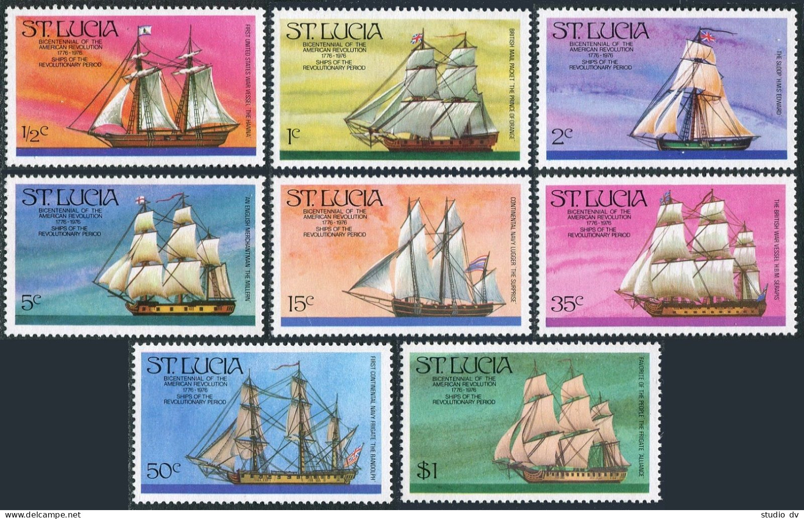 St Lucia 379-386,386a,hinged.Mi 372-379,Bl.8. USA-200, 1976. Revolutionary Ships - St.Lucie (1979-...)