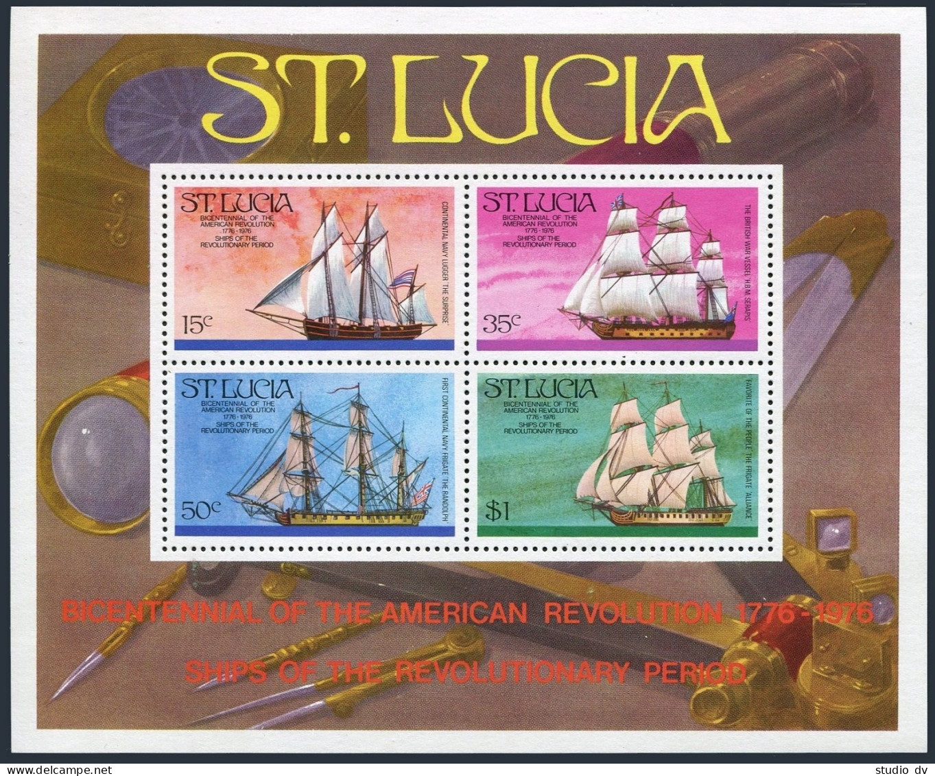 St Lucia 379-386,386a,hinged.Mi 372-379,Bl.8. USA-200, 1976. Revolutionary Ships - St.Lucia (1979-...)
